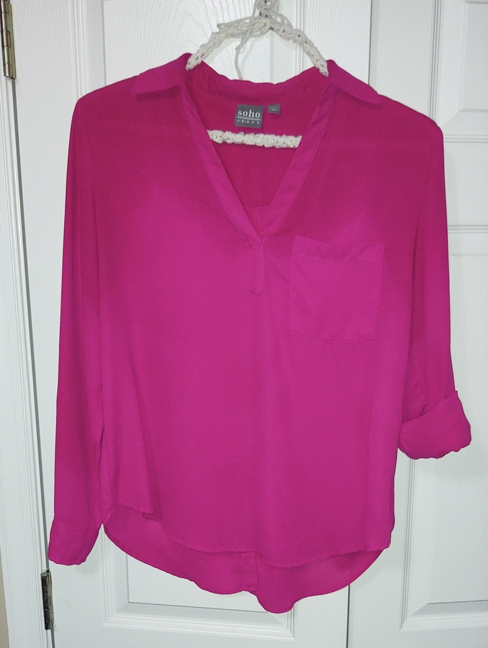 New York & Company Bright Fuchsia V-Neck Roll-Tab Blouse
